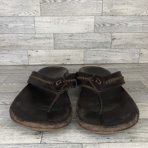 Olukai Mea Ola Brown Leather Flip Flop Thong Sandals Men’s Size 11 - Picture 2 of 5
